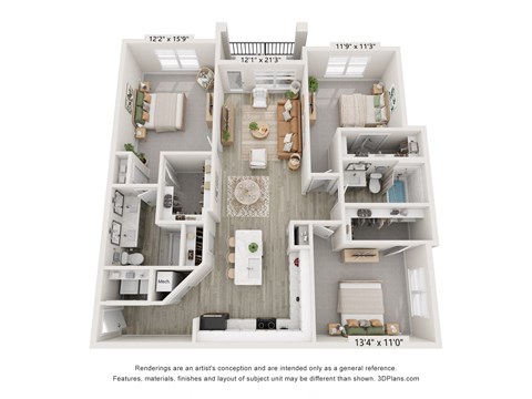 Floor plan for 3 beds, 2 baths, 1485 sqft